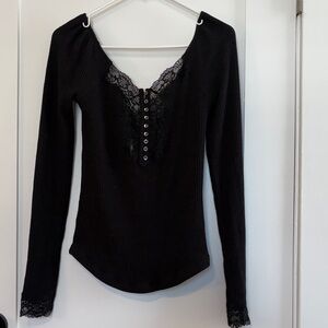 Free People Black Lace Buttoned Top